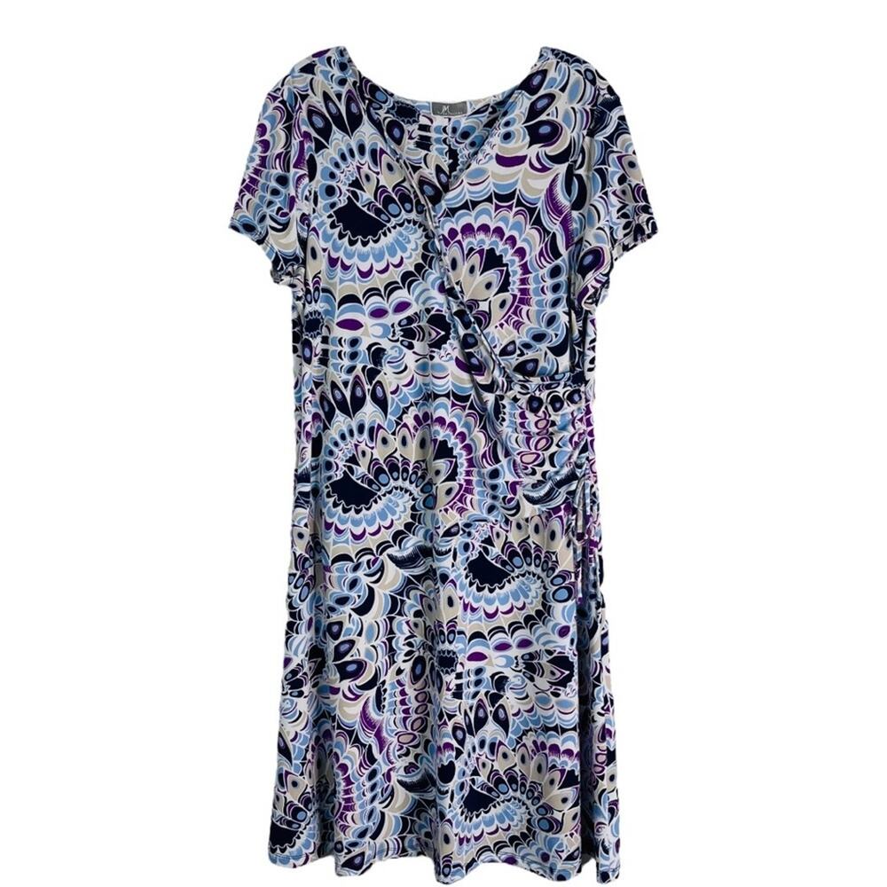 JM Collection white blue purple stretchy wrap abstract midi dress large/XL